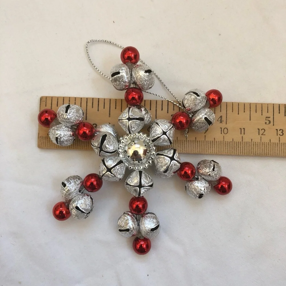 Jingle Bells Snowflake Vintage Christmas Ornament Star Silver Red Rings Hanging